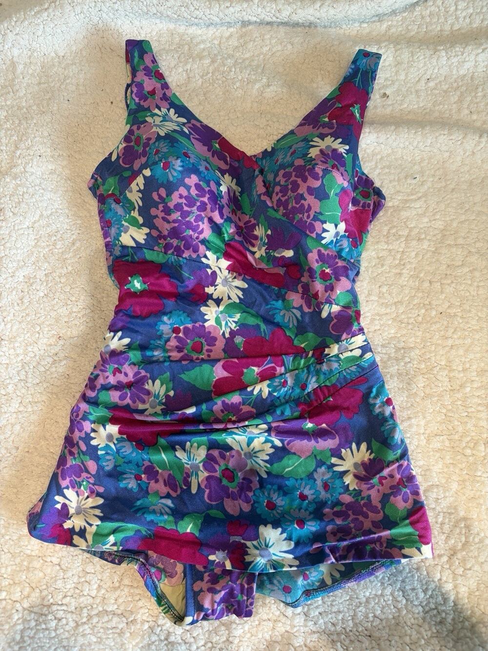 Vintage Bathing Suit Swim Size 12 34D Purple Blue Green Floral One Piece